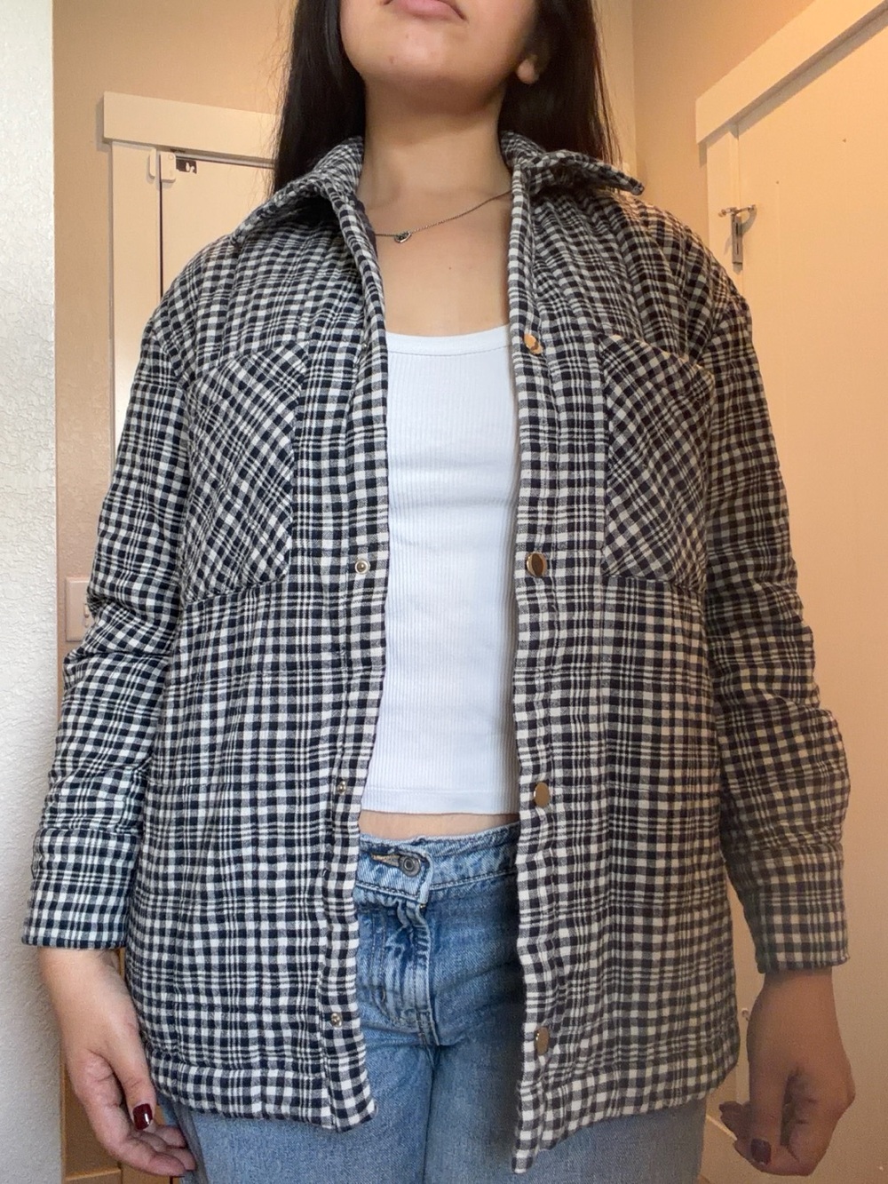 Audrey 3+1 Black and White Plaid Puffer Jacket